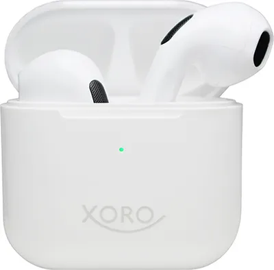 A pair of white wireless earbuds in their charging case.