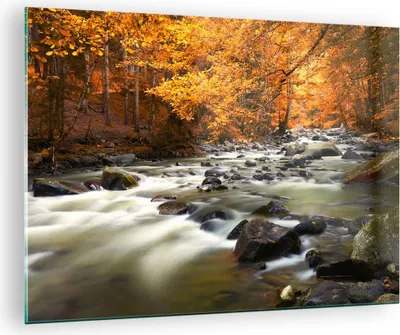 Produktbild von Bilder auf glas - Stream Herbst Forrest Berg - 70x50cm - Glasbilder - Wandbilder - Kunstdruck - zum Aufhängen bereit - Wanddekoration aus Glas - Glas Bilder - Wandbild auf Glas - GAA70x50-2703