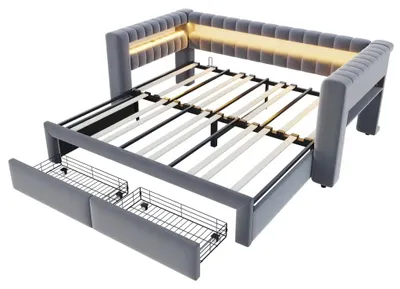 Obrázek produktu pro Sametová rozkládací pohovka – denní lůžko s možností rozložení – úložný prostor – zásuvky – rozměry 90–180 x 190 cm – tmavě šedá barva