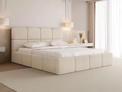 Produktbild von Polsterbett 180x200 mit Bettkasten und Lattenrost – Creme Bett mit hohem Kopfteil, Boucle oder Samt Stoff – Modernes Doppelbett mit Stauraum – Bettgestell, ohne Matratze – Tivio – Beige
