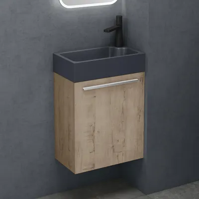 Produktbild von doporro Badmöbel-Set Waschtisch mit Unterschrank in Eiche Greige Waschbeckenunterschrank Gäste WC 46x26x63cm mit matt Anthrazit Waschbecken Pisa