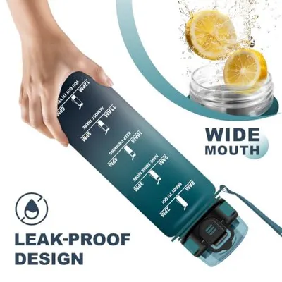 Produktbild von Trinkflasche 1000ml JAPORIA, Auslaufsicher, mit Strohhalm, Zeitmarkierung