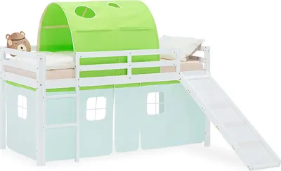 Image de Lit superposé 90x200 cm avec Toboggan Lit mezzanine en Bois Pin Massif Lit d'enfant Cadre de Lit Rideau Tunnel Vert