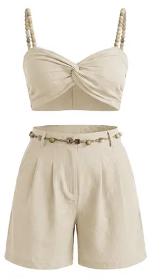 Produktbild von Kurzes zweiteiliges Damen-Pyjama-Set: geknotetes Oberteil + hochgeschnittene Shorts