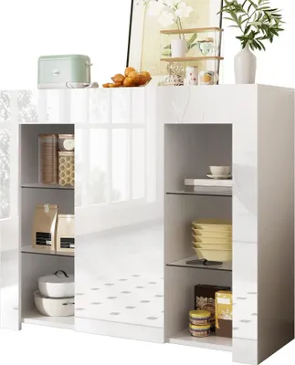 Immagine prodotto di AIORBER Buffet bianco/nero con frontale lucido 95x35x83 cm Credenza compatta con ripiani in vetro e anta Soggiorno moderno