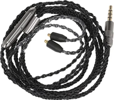 A close-up shot of a black audio cable with a 3.5mm jack and MMCX connectors.