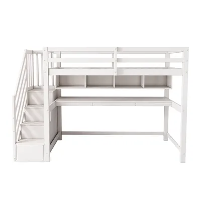 Produktbild von Hausbett mit Großen Schreibtisch Stauraumtreppe und Regalen Hochbett aus Kiefernholz Kinderbett Einzelbett 90*200cm Weiß