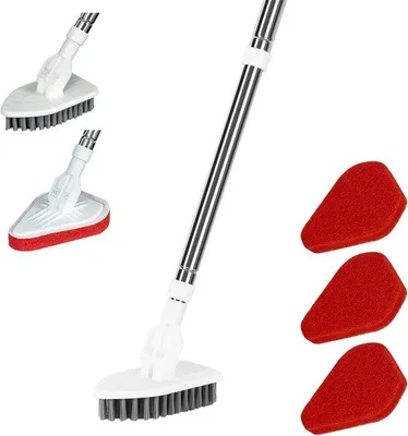 Produktbild von Verstelbare borstel mit Griff - 3 weiche Sponsen + harte Borsten für Fliesen und Badewannen - Geeignet für Küchen und Wände (einziehbar 80-115 cm, antislip)