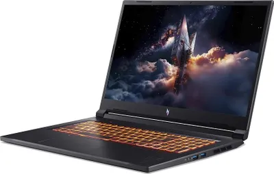 A black Acer Nitro V17 laptop with an orange backlit keyboard is shown from a diagonal angle against a white background.
