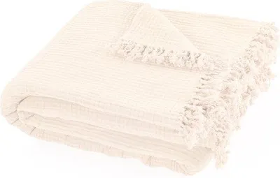 Immagine prodotto di Uniqoos® Tiseco SUZETTE, coperta leggera estiva in mussola, con frange, 100% cotone, 130 x 160 cm, color avorio
