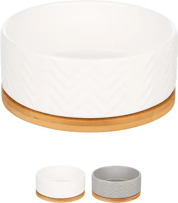 Produktbild von Weißer Hundenapf (990 ml) – rutschfest – glasierte Keramikschüssel im Bambusständer – 16 cm x 6 cm x 7 cm