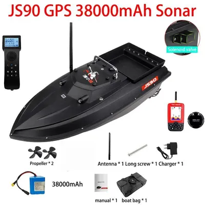 Obrázok produktu pre Kŕmna loď RC – JS90 – GPS + sonar – batéria 38 000 mAh – dosah 600 m – užitočné zaťaženie 3 kg – automatický návrat – 100 waypointov