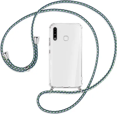 Produktbild von Handykette Backcover-Schutzhülle mit Band (Metall silberfarben) für Samsung Galaxy A70e - grün/blau/weiß