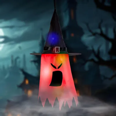 Obrázok produktu pre Halloweenska LED dekorácia - duch - červený - 10 farebných LED - zavesiteľné - 2 x 2032 - 75 x 35 cm, Obrázok generovaný UI