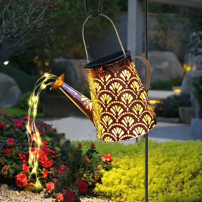 Productafbeelding van LQWELL® Zonne-energie gieter met waterval, lichtketting, lamp voor tuin, buiten, waterdicht, geschikt voor oprit, pad, gazon, terrassen, tuinverlichting