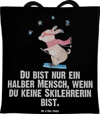Produktbild von Mr. & Mrs. Panda Schultasche Skilehrerin Herz - Schwarz - Geschenk, Stoffbeutel, Laptoptasche, Tasche, Jutebeutel, Tote Bag