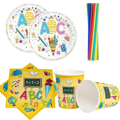 Produktbild von Einschulung Party Geschirr Einweggeschirr Schulanfang Partyset Dekoration Schule bunt Teller Becher Servietten Party Deko