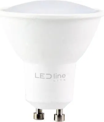 A white LED light bulb with a GU10 base is shown against a white background.