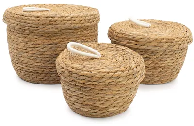 Immagine prodotto di Cesti rotondi in iuta e cotone con coperchio - Naturali - Set da 3