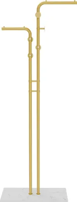 A gold-colored garment rack with a marble base against a white background.