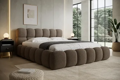 Produktbild von Polsterbett NUVIO 140x200 cm – Modernes Bouclé-Doppelbett mit gepolstertem Kopfteil – Hellbraun – 140x200x87 cm