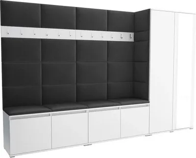 Produktbild von Garderoben-Set Noris V mit Spiegel, gepolsterte Garderobe 290 cm, Flurmöbel mit Wandpaneelen, 12 Haken und Schrank (Farbe: Weiß + Trinity 15)