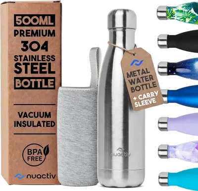 Produktbild von Edelstahl Trinkflasche 500 ml, Leichte Thermosflasche, Hält 24 Stunden Kalt, 12 Stunden Warm, Auslaufsicher