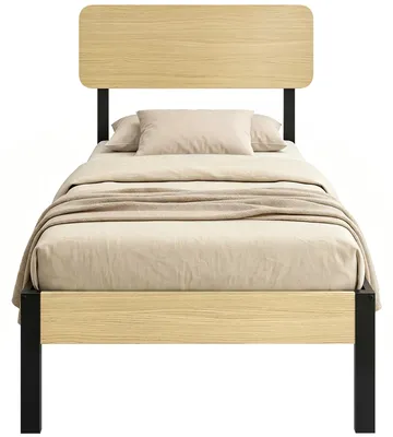 Image de Lit simple 90 x 200 cm - Lit en métal - Tête de lit - Rangement sous le lit - 14 lattes - 7 pieds - Noir