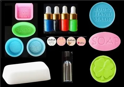Produktbild von GKA XL farbige Seifen Seifenherstellung Set Handmade Soap Glücksklee 4 Formen Seifenfarbe weiße Seife Sheabutter viel Zubehör Seife selber herstellen