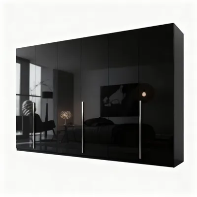 Produktbild von Kleiderschrank Prince 6‑türig Schwarz Hochglanz Griffe in chromfarben (Spar-Set) Maße ca.: Breite: 300cm / Tiefe: 62cm / Höhe: 218cm