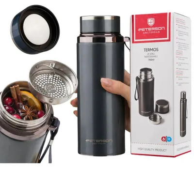 Zdjęcie produktu dla Termos Peterson na napoje, 750 ml, ciemnoszary, z sitkiem i pętelką