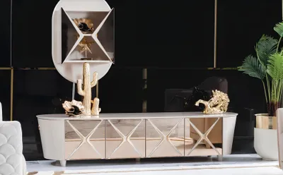 Produktbild von Wohnzimmer Kommoden Holz Low Board Regal Gold Neu 2tlg Sideboard Regale Kommode