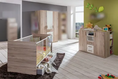 Produktbild von komplett Babyzimmer Cariba 7 teiliges Komplett Set in Eiche San Remo und Weiß von Wimex, Babyzimmermöbel komplett