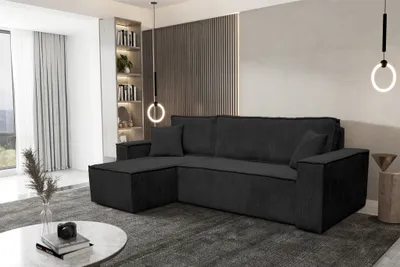 Produktbild von VENASI HUGO Universell Ecksofa mit Schlaffunktion und Bettkasten Cord Schwarz Schlafsofa Eckcouch Sofa
