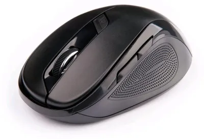 A black wireless computer mouse is shown from a slightly elevated side angle on a white background.