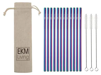 Produktbild von EKM Living Edelstahl Strohhalme 12er Set Rainbow gerade GmbH, Trinkhalme, bruchfest, wiederverwendbar, spülmaschinengeeignet, plastikfrei (Rainbow gerade, 12)