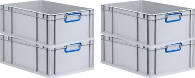 Produktbild von SuperSparSet 4x Eurobox NextGen Color | HxBxT 22x40x60cm | 44 Liter | Griffe blau geschlossen | Verstärkter Boden | Grau | Eurobehälter, Transportbox, Transportbehälter, Stapelbehälter