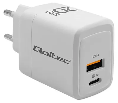 Obrázek produktu pro Síťová nabíječka Qoltec 20 W GaN | 5–20 V | 1,5–3 A | 1× USB-C PD | 1× USB QC 3.0 | bílá