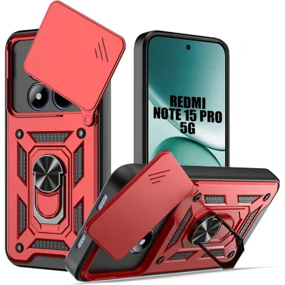 Image de Coque pour Xiaomi Redmi Note 15 Pro 5G, avec Anneau et Protection Caméra Coulissante - Rouge