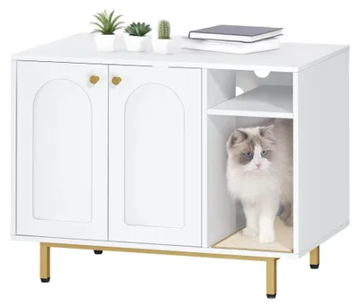 Image de Armoire pour bac à litière - Cachette et maison pour chat - Banc avec porte et cloison - Structure en fer robuste - Armoire fermée pour bac à litière - Blanc
