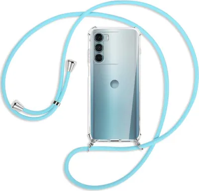 Produktbild von Handykette Backcover-Schutzhülle mit Band (Metall silberfarben) für Motorola Moto G200 5G - himmelblau