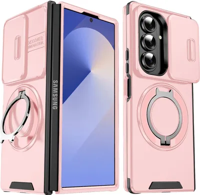 Immagine prodotto di Custodia a doppio strato per Samsung Galaxy Z Fold7, con copertura scorrevole della fotocamera e supporto ad anello magnetico Rosa