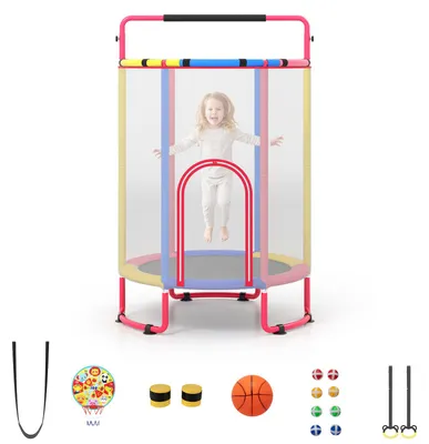 Immagine prodotto di Trampolino per bambini COSTWAY, diametro 140 cm, con barra per esercizi, altalena, anelli e canestro da basket. Trampolino da giardino con canestro e palloni, colore rosa