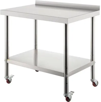 Image de Table de travail en acier inoxydable - tablette réglable en hauteur - table de cuisine avec roulettes - 91,4 x 61 x 89 cm