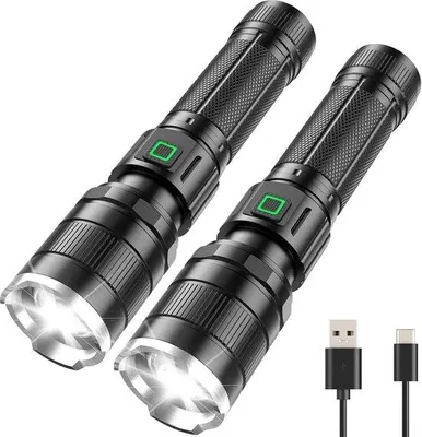 Produktbild von LED-Lampe - oplaadbaar, 2 Stück, 10.000 Lumen, extrem hell, mit 3 Modi, IP65 wasserdicht, zoomfähig, für Camping, Wandern, Outdoor, Notfall
