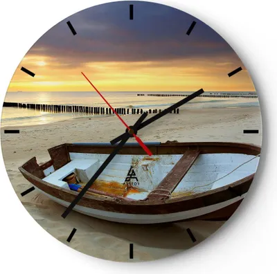 Produktbild von Wanduhr - Rund - Glasuhr - Strand Boot Ostsee Sommer - 30x30cm - Schleichendes Uhrwerk - Lautlos - zum Aufhängen bereit - Dekoration Modern - Wanddekoration aus Glas - C3AR30x30-0515