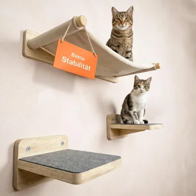 Produktbild von WOOWOOD Katzen Kletterwand Set Nora 8-teilig, 2 Hängematten & 6 Katzentreppen