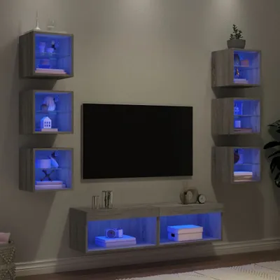 Image de vidaXL Meuble-paroi 8 pièces avec éclairage LED Gris Sonoma Matériau dérivé du bois