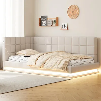 Obrázok produktu pre Postel s čalúneným rámom, 90x200 cm, béžová, s LED osvetlením, USB zásuvkou a roštom, vhodná do spálne