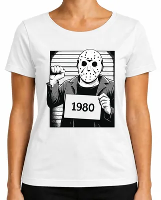 Productafbeelding van Horror hockeymasker, jaren '80, slasherfilm, politiefoto, retro, vintage, grunge, dames T-shirt, wit, maat XL